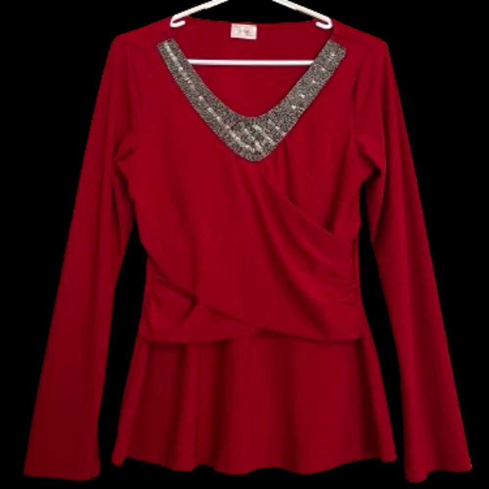 Women’s Red Beaded Fashion Blouse with Cinched Detail at Front Sz-XS-S